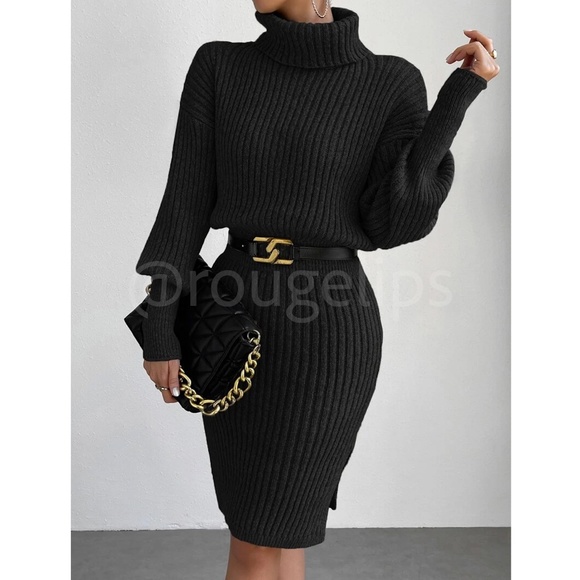 Black Cable Knit Long Sleeve Dress  Turtleneck Drop Shoulder, Long Sleeve - Picture 2 of 7